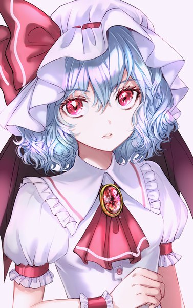 Anime picture 1288x2047 with touhou remilia scarlet rosette (roze-ko) single tall image looking at viewer fringe short hair hair between eyes red eyes blue hair upper body parted lips from above puffy sleeves girl hat wings bonnet ascot