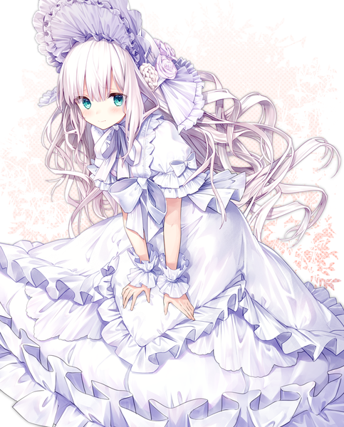 Anime picture 1000x1240 with original yuya (night lily) single tall image looking at viewer blush fringe blue eyes white hair very long hair leaning frilled dress girl dress bow hat frills white dress bonnet large bow