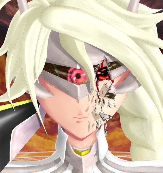 Anime picture 1889x2000 with blazblue blazblue: continuum shift hazama lambda-11 newovermind tall image looking at viewer fringe highres blonde hair red eyes sky cloud (clouds) ahoge white hair braid (braids) one eye closed lips single braid portrait