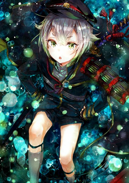 Anime picture 848x1200 with touken ranbu nitroplus hotarumaru keepout single tall image looking at viewer fringe short hair open mouth sitting yellow eyes from above grey hair shiny hands on hips shotacon boy weapon sword