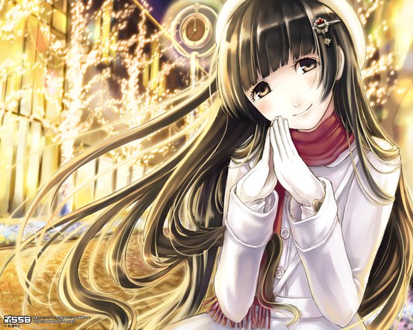 Anime picture 1280x1024 with original kazuharu kina single long hair black hair smile black eyes night city lights girl gloves hair ornament scarf bobby pin coat