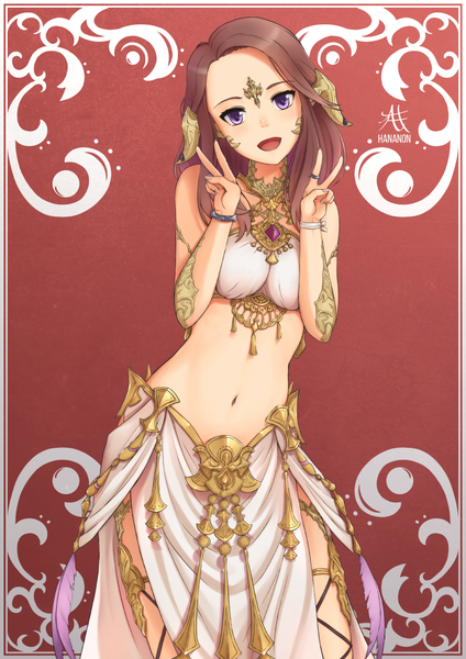 Anime picture 744x1052 with final fantasy final fantasy xiv square enix hananon single long hair tall image looking at viewer open mouth light erotic simple background smile brown hair standing purple eyes traditional clothes bare belly midriff victory girl