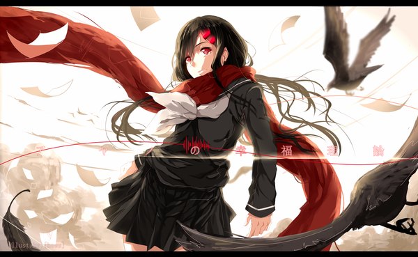 Anime picture 1460x900 with kagerou project shaft (studio) tateyama ayano hews single long hair black hair red eyes wide image letterboxed girl uniform animal serafuku scarf bird (birds) paper red scarf crow