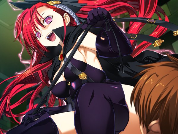 Anime picture 1024x768 with rance (series) sengoku rance long hair open mouth game cg red hair pink eyes girl