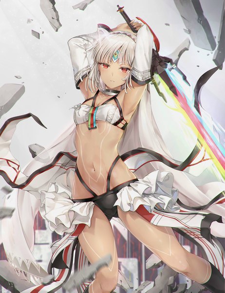 Anime picture 1388x1800 with fate (series) fate/grand order fate/extra fate/extella altera (fate) taro (ultrataro) single tall image looking at viewer blush fringe short hair breasts light erotic simple background red eyes holding cleavage white hair parted lips