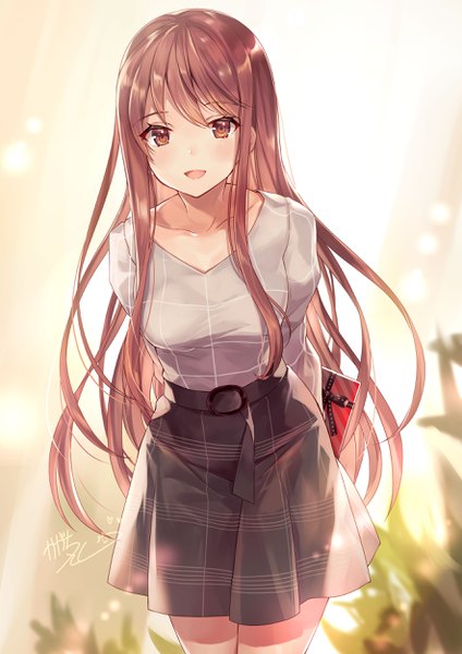 Anime picture 1768x2500 with original kagachi saku single long hair tall image looking at viewer blush fringe highres open mouth smile brown hair standing brown eyes signed payot outdoors :d pleated skirt blurry