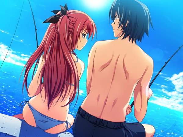 Anime picture 2560x1920 with akatsuki no goei nikaidou reika tomose shunsaku long hair highres short hair blue eyes light erotic sitting blue hair pink hair game cg sky cloud (clouds) girl boy bow swimsuit hair bow bikini