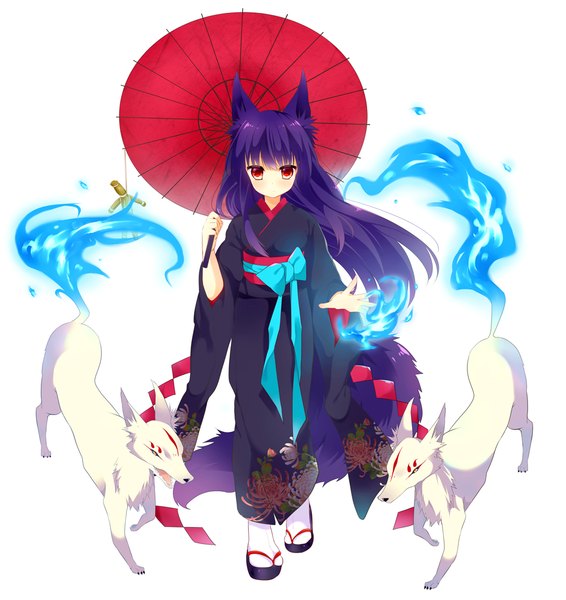 Anime picture 971x1028 with original sou single long hair tall image looking at viewer blush fringe simple background red eyes white background holding animal ears purple hair tail traditional clothes japanese clothes animal tail loli fox ears