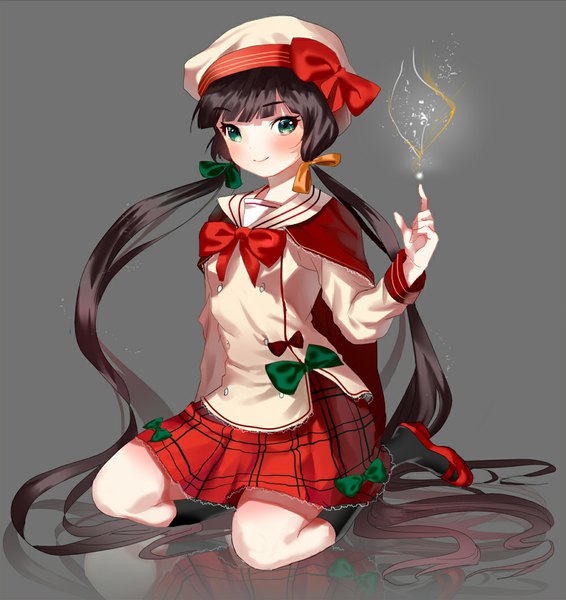 Anime picture 1000x1060 with original boba single tall image blush fringe black hair simple background smile sitting twintails green eyes bent knee (knees) very long hair grey background kneeling outstretched arm magic plaid skirt reflection