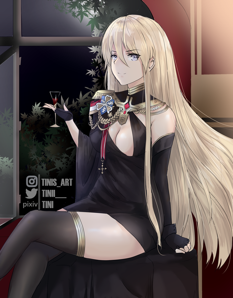 Anime picture 2374x3032 with azur lane bismarck (azur lane) bismarck (beacon of the iron blood) (azur lane) tiny (tini3030) single long hair tall image looking at viewer fringe highres breasts blue eyes light erotic blonde hair hair between eyes large breasts sitting bare shoulders holding signed