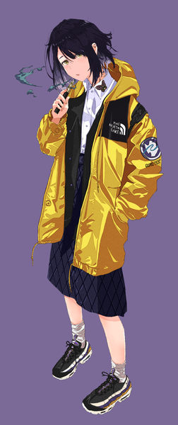 Anime picture 1000x2372 with original nike chobe 2 single tall image looking at viewer fringe short hair open mouth black hair simple background hair between eyes standing holding yellow eyes full body head tilt open jacket piercing ear piercing
