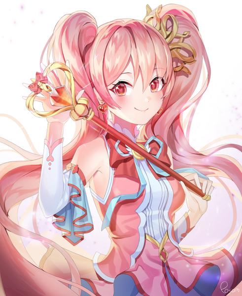 Anime picture 700x854 with original posom single tall image looking at viewer blush fringe smile hair between eyes twintails pink hair upper body very long hair pink eyes symbol-shaped pupils heart-shaped pupils magical girl girl detached sleeves earrings