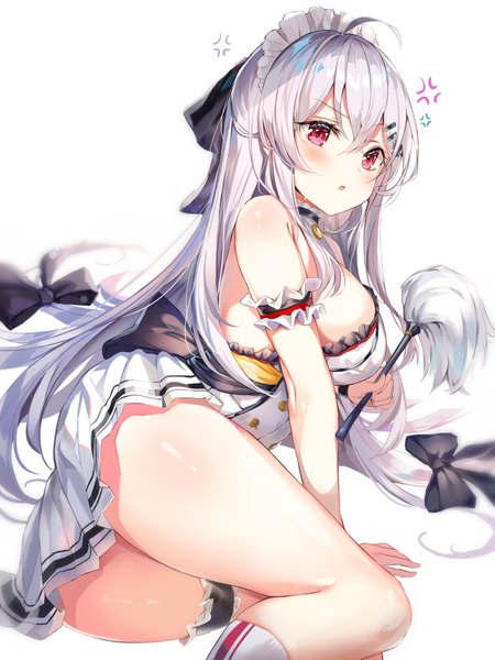 Anime picture 800x1067 with girls frontline iws-2000 (girls frontline) narae single long hair tall image looking at viewer blush fringe breasts open mouth light erotic simple background hair between eyes red eyes large breasts white background holding silver hair ahoge