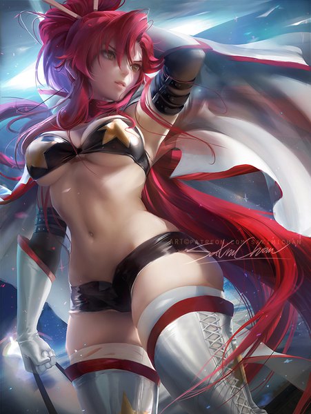 Anime picture 684x910 with tengen toppa gurren lagann gainax yoko littner sakimichan single tall image blush fringe breasts light erotic hair between eyes standing holding brown eyes signed looking away cleavage red hair very long hair parted lips