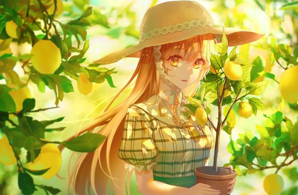 Anime picture 2293x1500 with original lium single long hair looking at viewer fringe highres open mouth hair between eyes holding upper body outdoors blunt bangs light smile blurry orange hair short sleeves orange eyes puffy sleeves shaded face