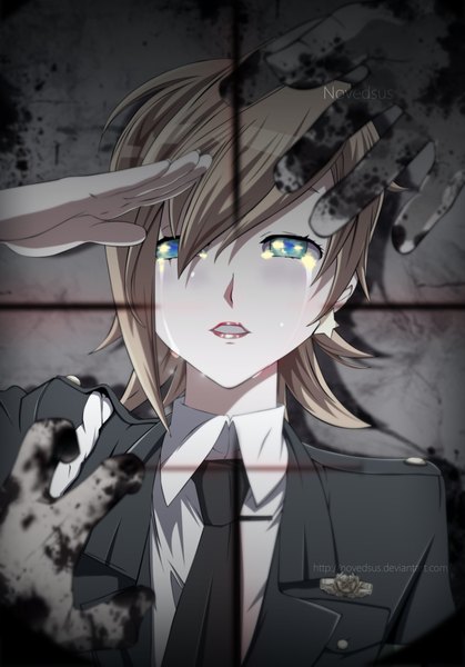 Anime picture 2839x4061 with highschool of the dead madhouse nakaoka asami novedsus single tall image highres short hair blue eyes blonde hair lipstick tears coloring girl uniform necktie military uniform hand