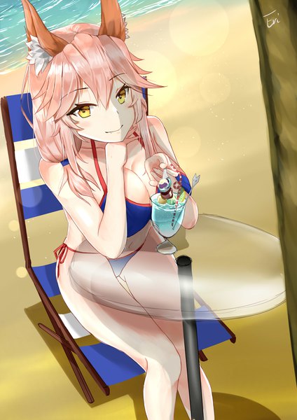 Anime picture 2480x3507 with fate (series) fate/grand order tamamo (fate) (all) tamamo no mae (swimsuit lancer) (fate) eric (tianqijiang) single long hair tall image looking at viewer blush fringe highres breasts light erotic smile hair between eyes large breasts sitting bare shoulders holding