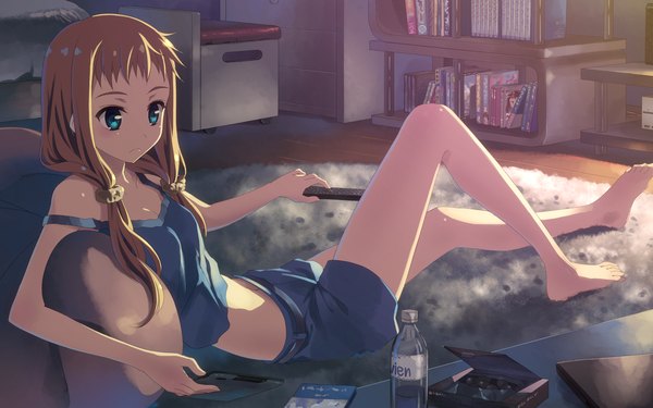 Anime picture 2560x1600 with original yuuki tatsuya single long hair highres blue eyes blonde hair wide image looking away lying barefoot bare legs girl shorts