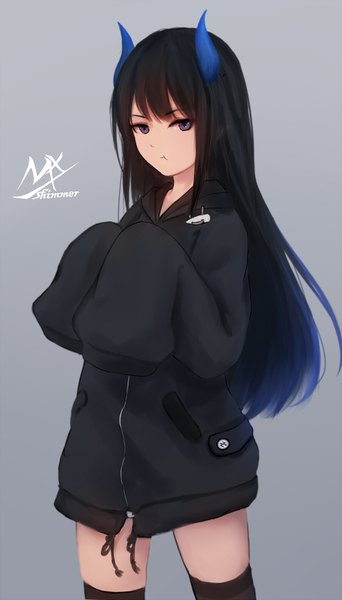 Anime picture 900x1578 with original shimmer single long hair tall image looking at viewer fringe black hair simple background standing purple eyes signed payot blunt bangs horn (horns) gradient background hands in sleeves :t pout girl