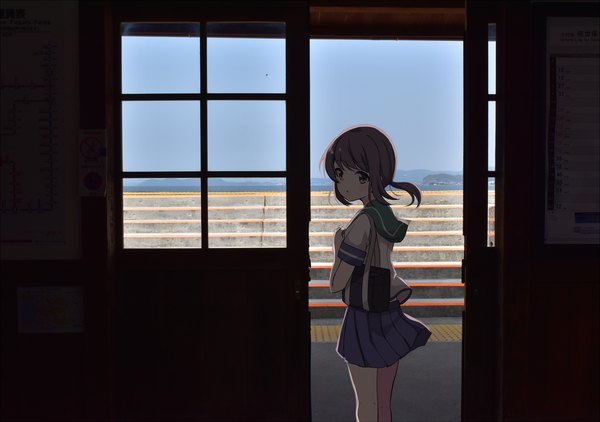 Anime picture 1705x1200 with kantai collection fubuki destroyer soramuko single looking at viewer blush fringe highres short hair open mouth brown hair standing green eyes payot sky blunt bangs pleated skirt looking back wind from behind