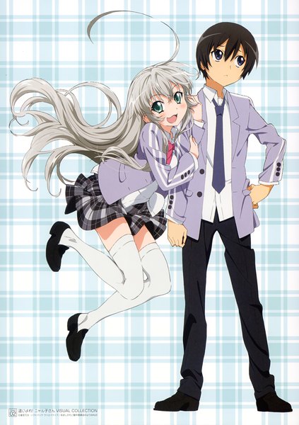 Anime picture 1962x2781 with haiyore! nyaruko-san nyaruko yasaka mahiro long hair tall image looking at viewer highres short hair open mouth black hair smile purple eyes green eyes looking away silver hair ahoge hand on hip girl thighhighs boy