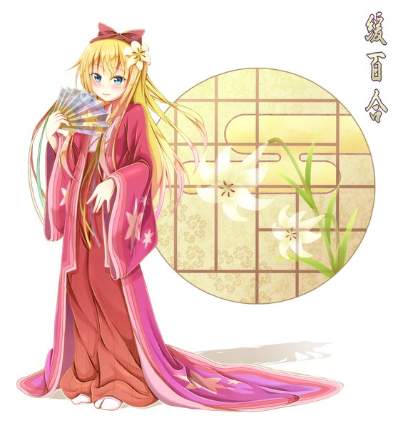 Anime picture 1229x1339 with yuru yuri doga kobo toshinou kyouko gurande (g-size) gggrande single long hair tall image blush blue eyes blonde hair traditional clothes japanese clothes hair flower girl hair ornament kimono fan