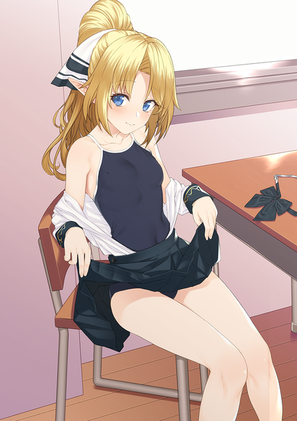 Anime picture 1000x1414 with enjo kouhai iris (takunomi) takunomi single long hair tall image looking at viewer blush fringe breasts blue eyes light erotic blonde hair sitting ponytail indoors pointy ears off shoulder open clothes skirt lift