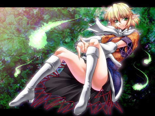 Anime picture 1280x960 with touhou mizuhashi parsee ootsuki wataru single short hair light erotic blonde hair green eyes pointy ears spread legs half updo girl bow boots