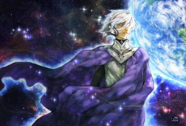 Anime picture 1471x1000 with terra e soldier blue yamyanm.k fringe white hair pink eyes hair over one eye space boy headphones star (stars) cape cloak planet earth