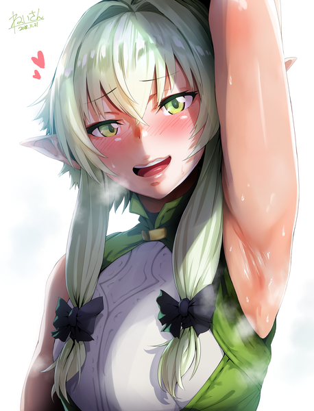 Anime picture 4200x5500 with goblin slayer! high elf archer (goblin slayer!) hero neisan single long hair tall image looking at viewer blush fringe highres breasts open mouth light erotic simple background smile hair between eyes standing white background green eyes signed