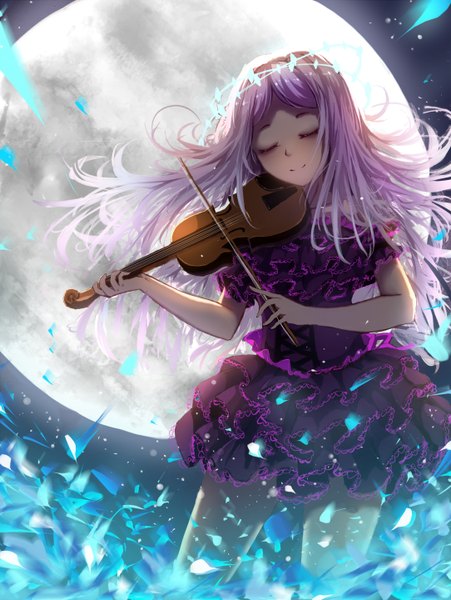 Anime picture 1084x1440 with original pkq single tall image smile holding purple hair eyes closed head tilt wind playing instrument girl dress frills moon full moon musical instrument corset purple dress violin