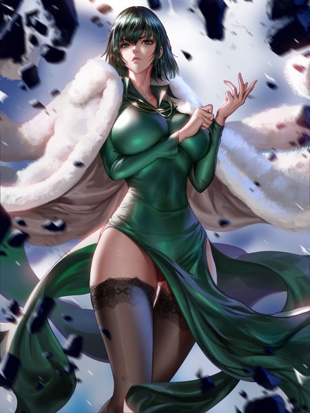 Anime picture 3000x4000 with one-punch man madhouse fubuki (one-punch man) liang xing single tall image looking at viewer fringe highres short hair breasts light erotic hair between eyes large breasts standing green eyes outdoors long sleeves green hair wind