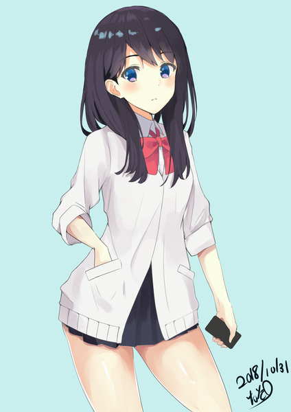 Anime picture 1191x1684 with gridman universe ssss.gridman studio trigger takarada rikka shiina aoi single long hair tall image looking at viewer blush fringe blue eyes black hair simple background standing holding signed pleated skirt thighs dated