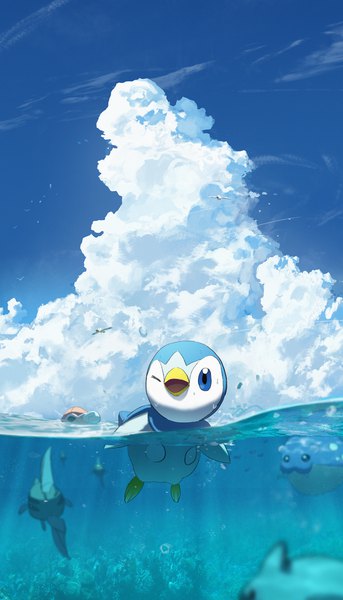 Anime picture 2000x3494 with pokemon pokemon dppt nintendo piplup wingull remoraid spheal asteroid ill tall image highres sky cloud (clouds) outdoors one eye closed no people gen 2 pokemon gen 4 pokemon gen 3 pokemon water sea
