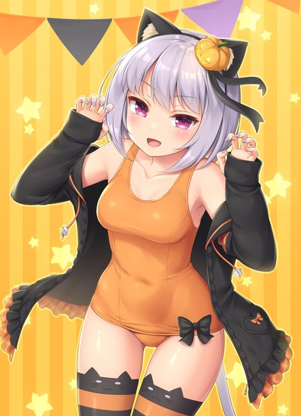 Anime picture 900x1240 with original sasaame single tall image looking at viewer blush fringe short hair breasts open mouth light erotic simple background smile standing animal ears tail long sleeves nail polish :d animal tail