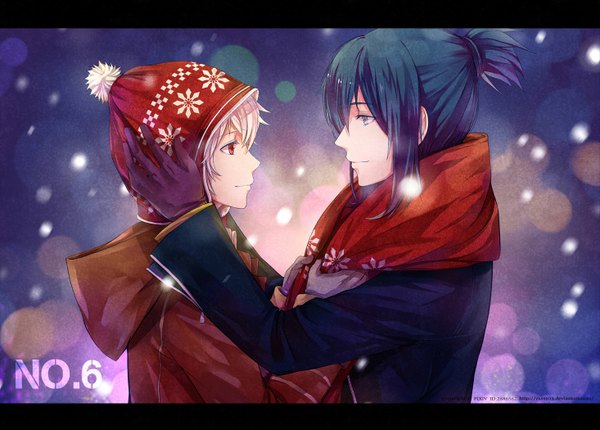 Anime picture 1465x1050 with no.6 studio bones nezumi (no.6) shion (no.6) zxs1103 short hair red eyes blue hair silver hair white hair tail grey hair inscription grey eyes snowing letterboxed winter face to face shounen ai gloves