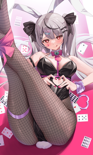Anime picture 1224x2047 with vocaloid virtual youtuber hololive rabbit hole (vocaloid) hatsune miku sakamata chloe hino kagutsuki single long hair tall image looking at viewer light erotic red eyes twintails animal ears tail nail polish animal tail multicolored hair grey hair