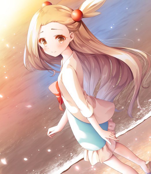 Anime picture 854x980 with pokemon nintendo jasmine (pokemon) murano single long hair tall image blush smile brown hair brown eyes outdoors from above beach girl hair ornament sea