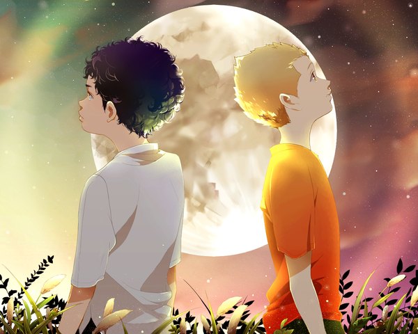 Anime picture 1280x1024 with uchuu kyoudai a-1 pictures nanba hibito nanba mutta mochikin (jijijin) short hair black hair blonde hair brown eyes multiple boys night sky looking up siblings alternate age younger brothers afro boy plant (plants) 2 boys