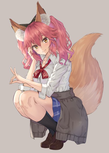 Anime picture 1036x1449 with fate (series) fate/extra fate/extella tamamo (fate) (all) tamamo jk (fate) kanikou single long hair tall image looking at viewer blush fringe simple background smile hair between eyes twintails animal ears yellow eyes payot full body