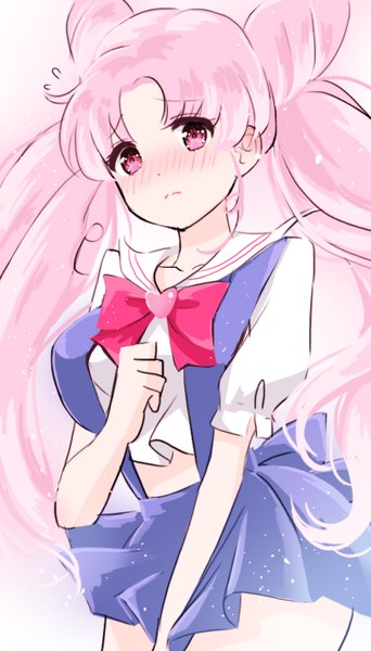 Anime picture 800x1400 with bishoujo senshi sailor moon toei animation chibiusa nanashiki fuuka single long hair tall image looking at viewer blush fringe breasts simple background large breasts white background twintails pink hair pleated skirt pink eyes from below short sleeves