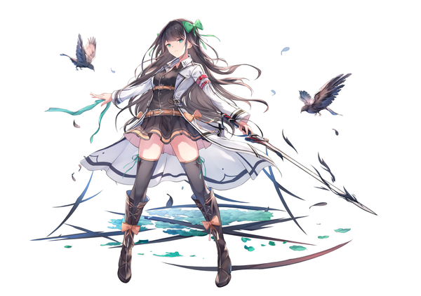 Anime picture 1281x904 with original fuuro (johnsonwade) single long hair looking at viewer fringe breasts black hair simple background hair between eyes standing white background holding green eyes full body long sleeves head tilt pleated skirt open clothes zettai ryouiki