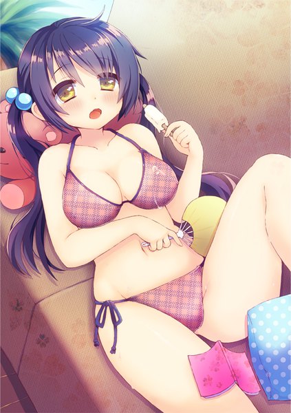Anime picture 600x851 with original umn sio single long hair tall image blush fringe open mouth light erotic black hair hair between eyes twintails bare shoulders holding yellow eyes payot looking away ahoge bent knee (knees) indoors