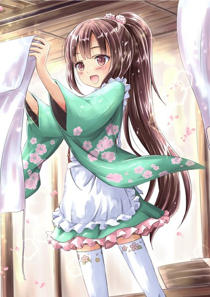 Anime picture 800x1129 with saz single long hair tall image blush fringe open mouth brown hair standing brown eyes ponytail traditional clothes japanese clothes hair flower wind wide sleeves short sleeves zettai ryouiki floral print happy