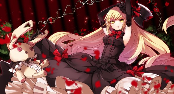 Anime picture 1500x818 with vocaloid mayu (vocaloid) usano mimi yuuki kira single long hair open mouth blonde hair wide image yellow eyes gothic girl dress gloves bow petals elbow gloves chain toy stuffed animal