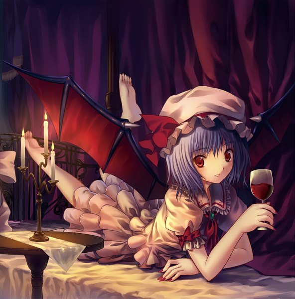 Anime picture 1000x1014 with touhou remilia scarlet kichiroku single tall image looking at viewer short hair red eyes blue hair lying girl dress wings bed bonnet candle (candles) wine glass