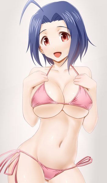 Anime picture 1200x2049 with idolmaster miura azusa taka (takahirokun) single tall image looking at viewer blush short hair breasts open mouth light erotic simple background red eyes large breasts bare shoulders cleavage purple hair ahoge grey background underboob