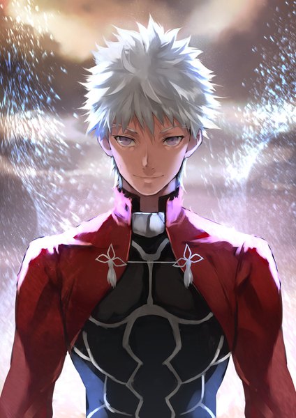 Anime picture 1060x1500 with fate (series) fate/grand order archer (fate) yoshio (55level) single tall image looking at viewer fringe short hair smile hair between eyes purple eyes sky silver hair upper body boy tassel