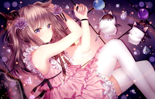 Anime picture 1750x1124 with final fantasy final fantasy xiv square enix miqo'te moogle junpaku karen single long hair looking at viewer blush fringe highres smile brown hair purple eyes twintails bare shoulders animal ears payot bent knee (knees)