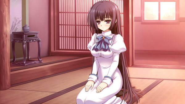 Anime picture 1024x576 with otome wa boku ni koishiteru black hair wide image purple eyes game cg very long hair girl serafuku